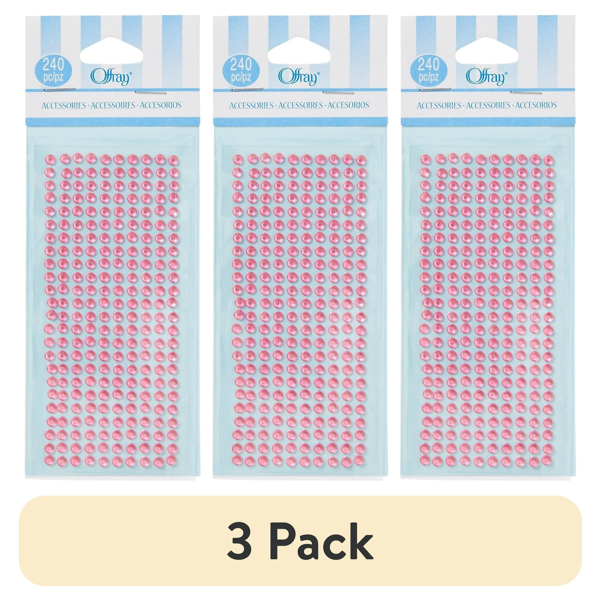 (3 pack) Offray Accessories 240 Single Loose Piece Pack Adhesive Pink Rhinestone Gem Embellishments