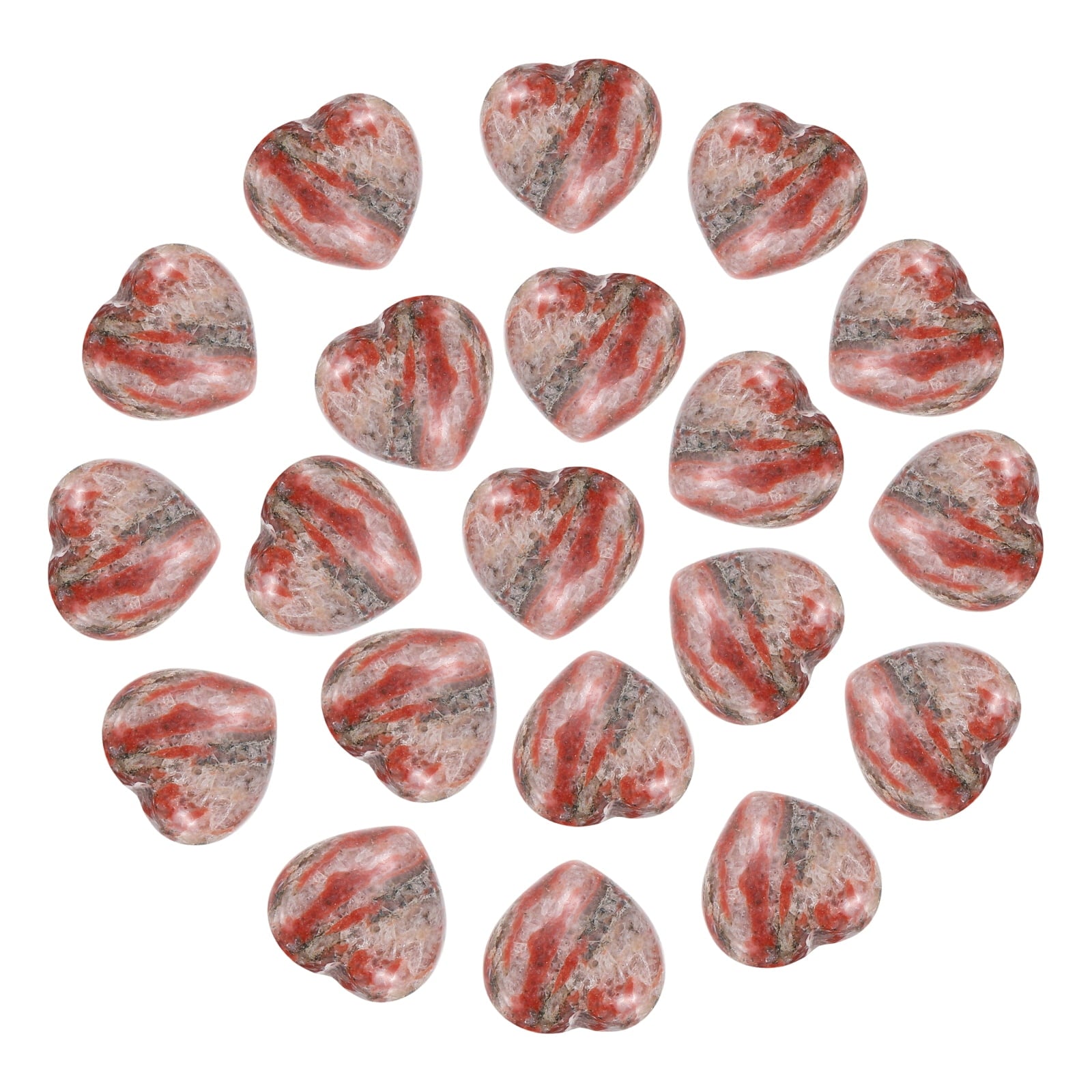Uxcell 20Pcs Natural Heart Shaped Crystal Stone, 0.6 Inch 5/16" Thick Mini Polished Love Gemstone Crystal, Pocket Rock Engraved Worry Stones for Women Gift Meditation, Red Veins Stone