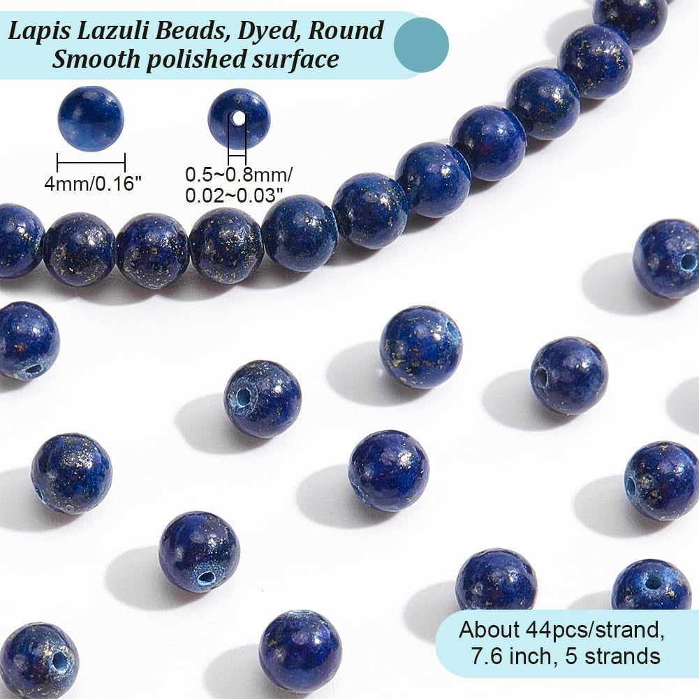 5 Strands About 220 Pcs Natural Lazuli Beads 4mm Smooth Round Stone Beads Loose Gemstone Beads Spacer Beads
